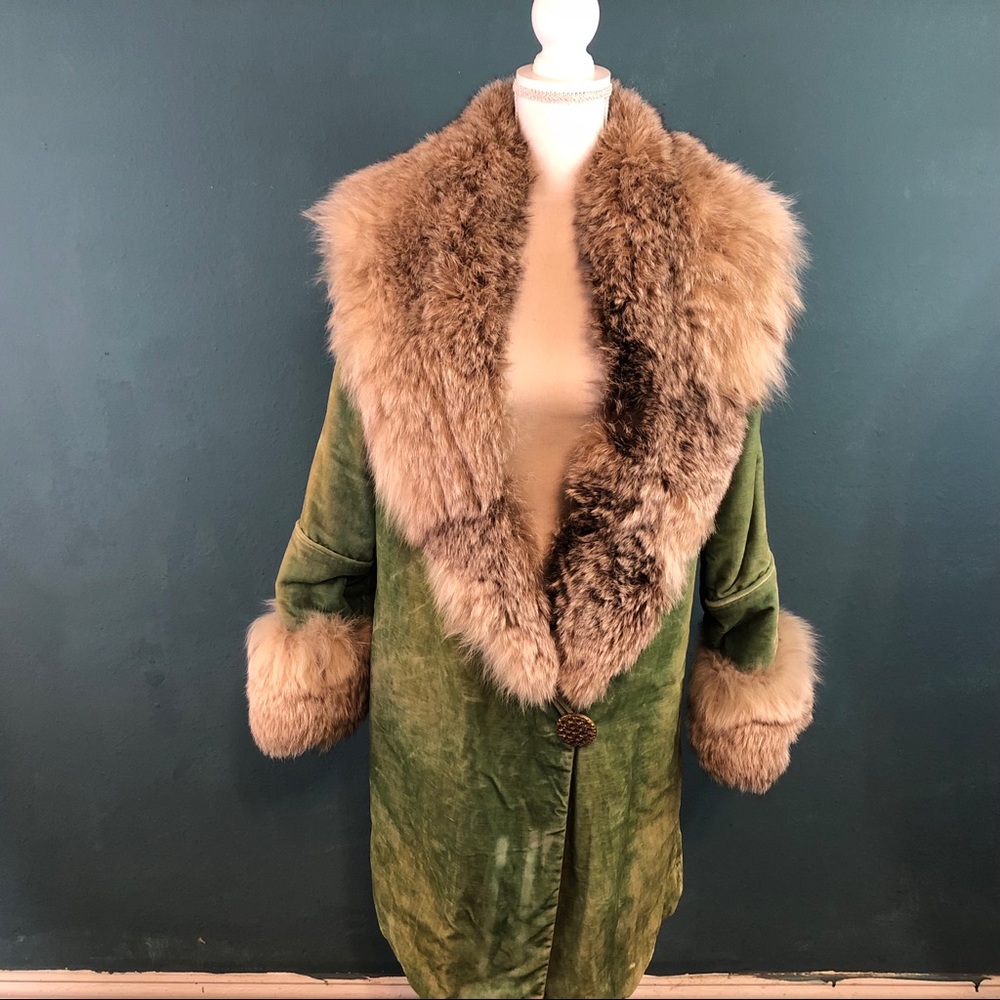 Vintage Green Velvet Coat Raccoon Collar